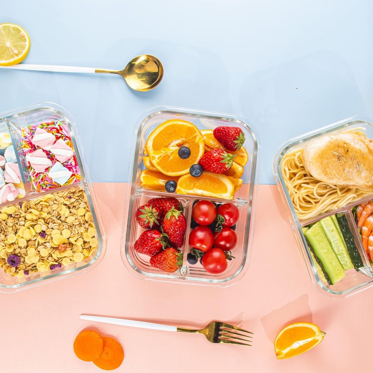 YOZOTI Glass Meal Prep Containers 3 Compartments Portion Control with Upgraded Snap Locking Lids Glass Food Storage Containers, Microwave, Oven, Freezer and Dishwasher (Black 5 Pack 3 Compartments)