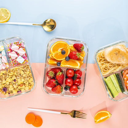 YOZOTI Glass Meal Prep Containers 3 Compartments Portion Control with Upgraded Snap Locking Lids Glass Food Storage Containers, Microwave, Oven, Freezer and Dishwasher (Black 5 Pack 3 Compartments)