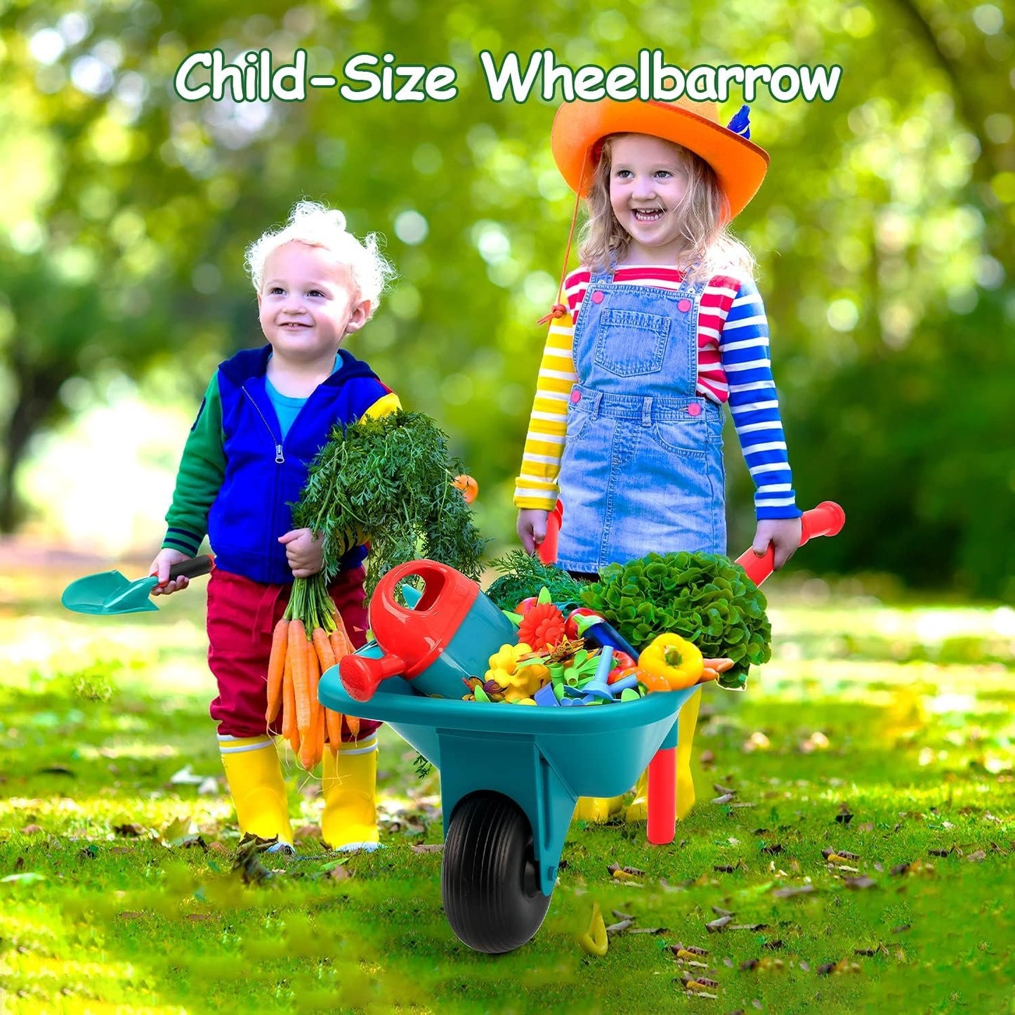 CUTE STONE Kids Gardening Tool Set, Garden Toys with Wheelbarrow, Watering Can, Shovel, Flower Garden Building Toy, Pretend Play Outdoor Indoor Toy, Spring Summer Toy Gifts for Boys Girls
