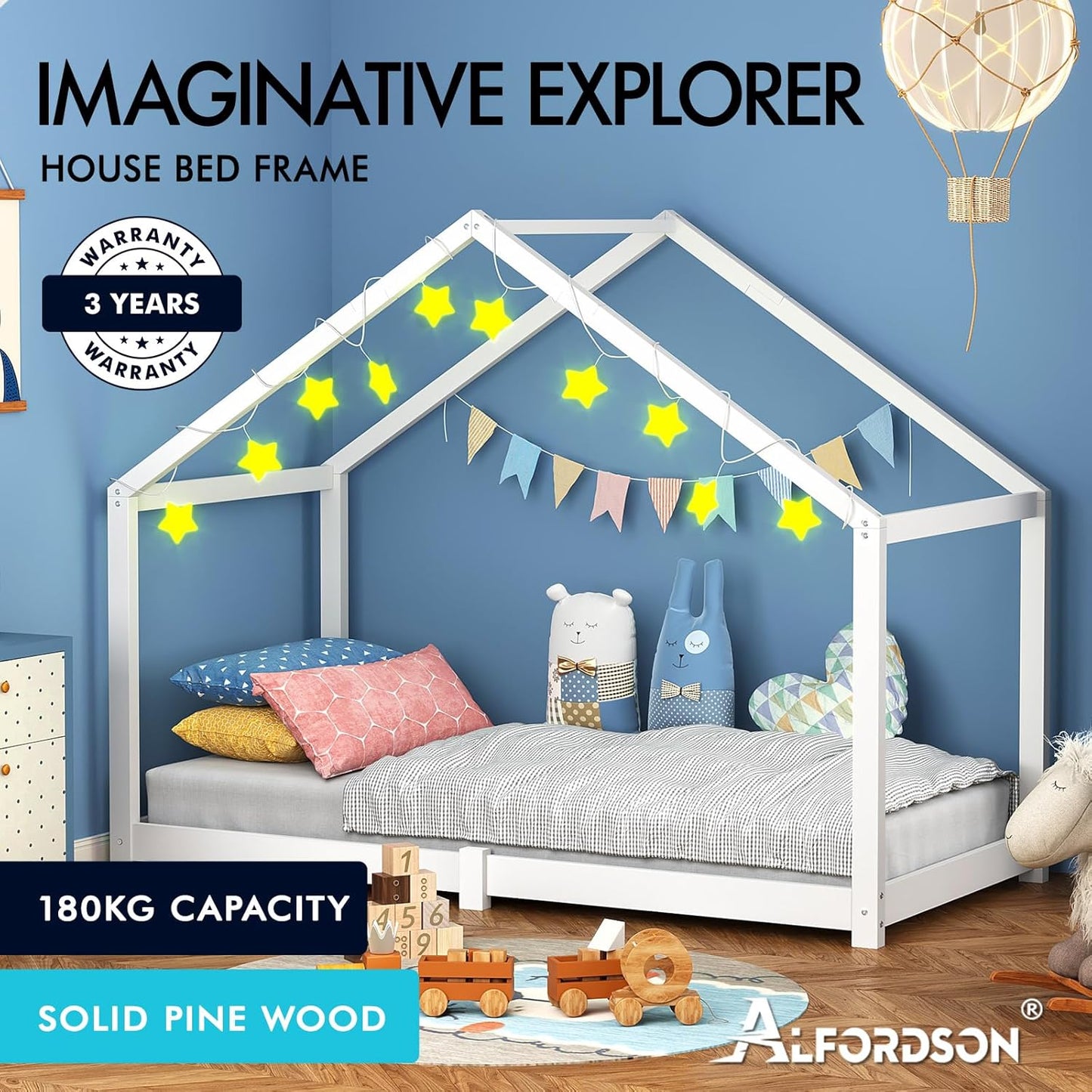 ALFORDSON Kids Bed Frame Wooden Timber House Frame Single Mattress Base Platform, Solid Pine Wood Bed Base Foundation Children's Beds, Nellie Series Bedroom Furniture (White w/o Guard Rail)