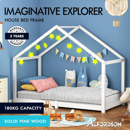 ALFORDSON Kids Bed Frame Wooden Timber House Frame Single Mattress Base Platform, Solid Pine Wood Bed Base Foundation Children's Beds, Nellie Series Bedroom Furniture (White w/o Guard Rail)