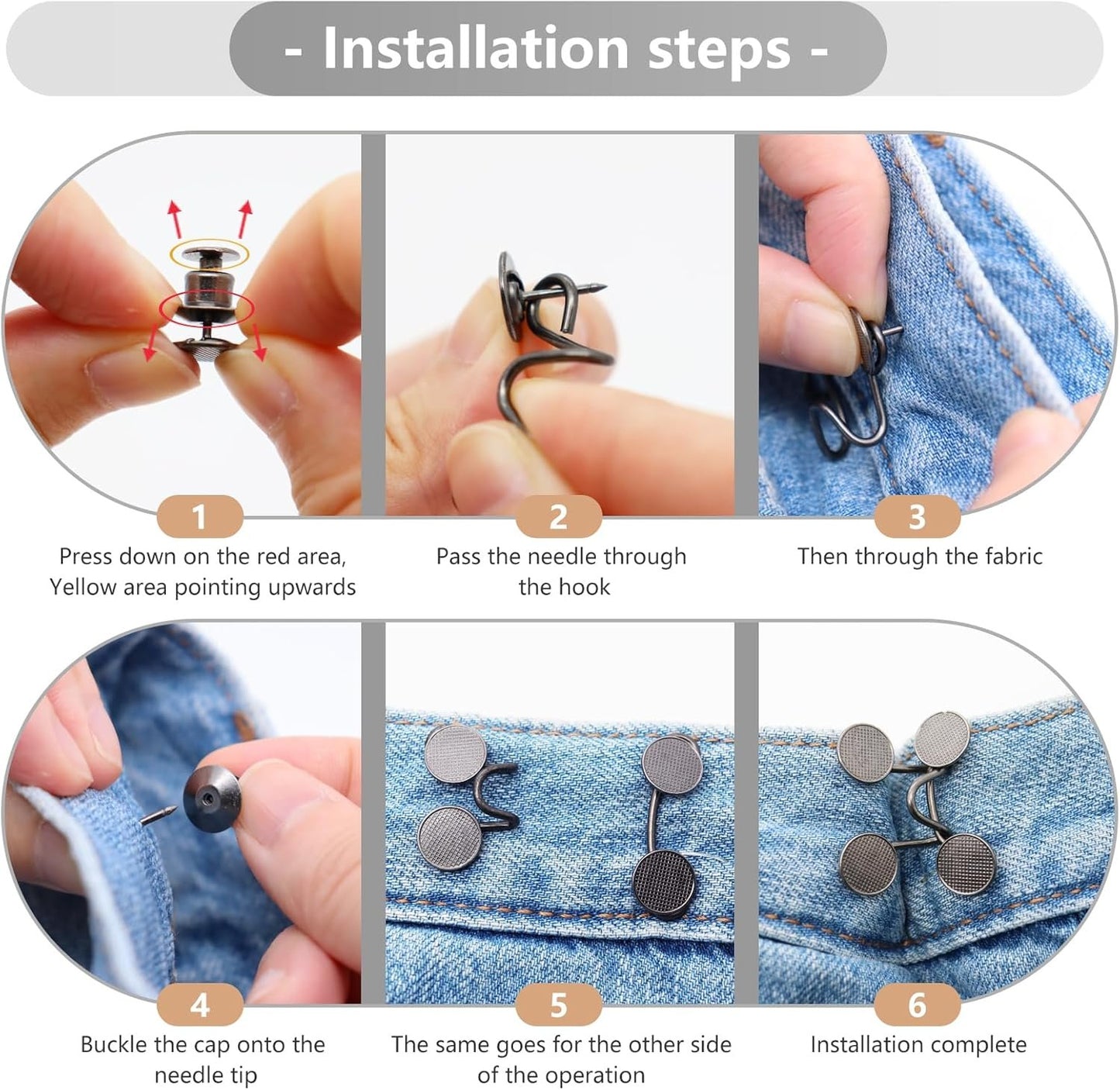 6 Set Pant Waist Tightener Buttons Pins for Loose Jeans Reusable Waist Cincher Clip Metal Brooch for Clothing Dresses Skirts No Sewing Decoration Accessories（Black+Silver