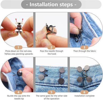 6 Set Pant Waist Tightener Buttons Pins for Loose Jeans Reusable Waist Cincher Clip Metal Brooch for Clothing Dresses Skirts No Sewing Decoration Accessories（Black+Silver