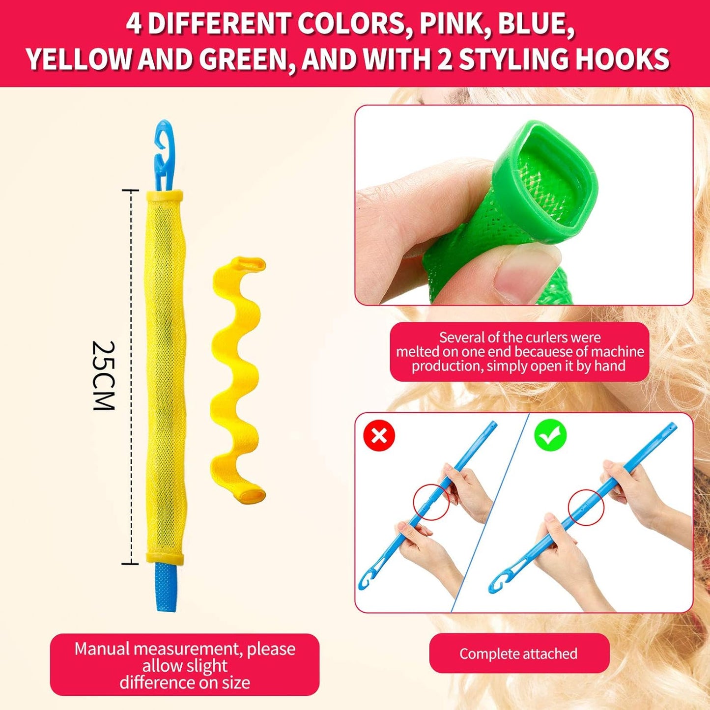 WILLBOND 30 Piece Set Heatless Spiral Curlers No Heat Hair Waver Spiral Curlers Rollers with 2 Styling Hooks for Most Hairstyles (25 cm)