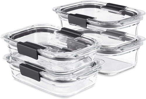 Rubbermaid Brilliance Glass Food Storage Set of 4 containers, 8 Total Pieces (4 containers + 4 lids) for Lunch, Meal Prep, and Leftovers, Dishwasher and Oven Safe, Clear/Grey