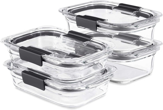 Rubbermaid Brilliance Glass Food Storage Set of 4 containers, 8 Total Pieces (4 containers + 4 lids) for Lunch, Meal Prep, and Leftovers, Dishwasher and Oven Safe, Clear/Grey