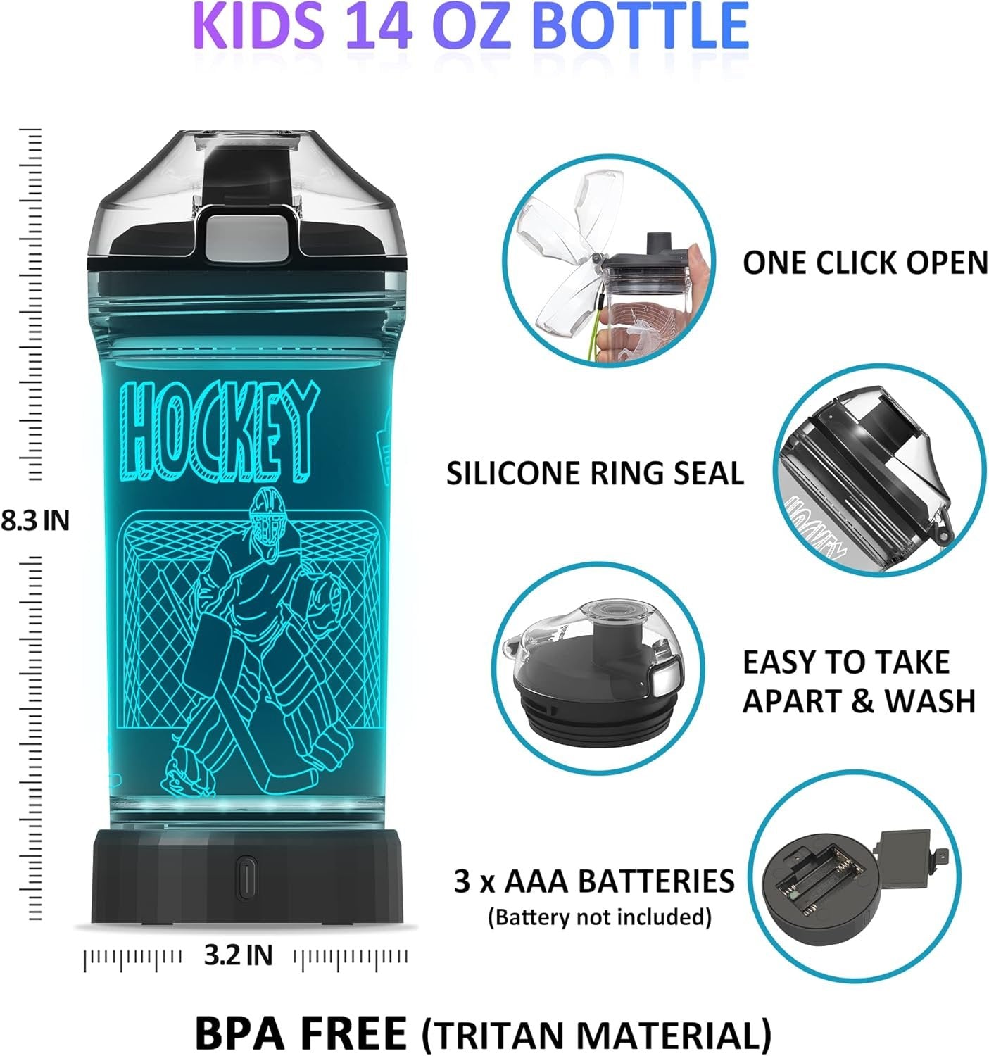 Hockey Water Bottle for Kids, Attivolife Light up 3D Travel Cup with 14 OZ Tritan BPA Free Eco-Friendly - Timer Function, Cool Drinking Cups Gifts for Hockey Player Boy School Sports Camping Picnic