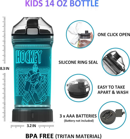 Hockey Water Bottle for Kids, Attivolife Light up 3D Travel Cup with 14 OZ Tritan BPA Free Eco-Friendly - Timer Function, Cool Drinking Cups Gifts for Hockey Player Boy School Sports Camping Picnic