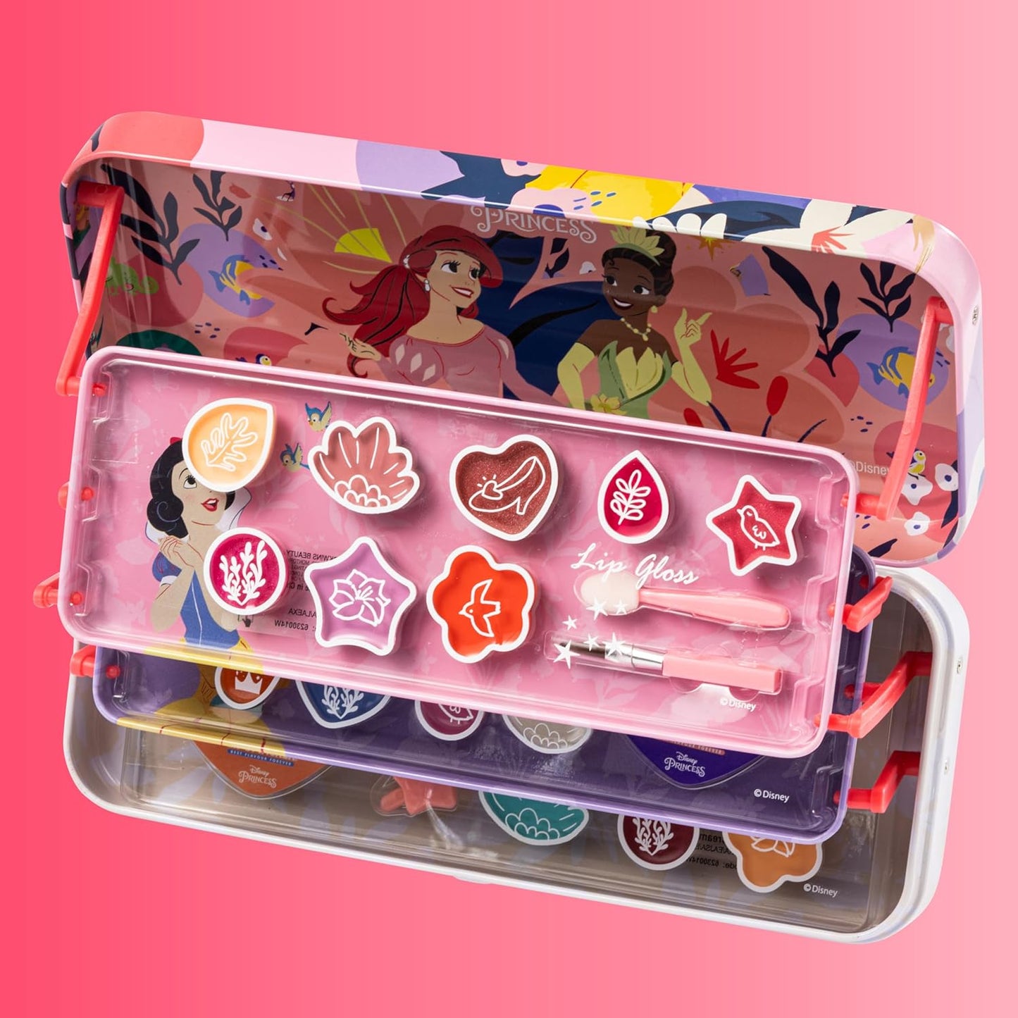 Lip Smacker Disney Princess Artisan Picnic Beauty Tin, 3-Tier Makeup Set for Kids with Lip Gloss, Glow Eyeshadows, Make-up Applicators and Hair Accessories