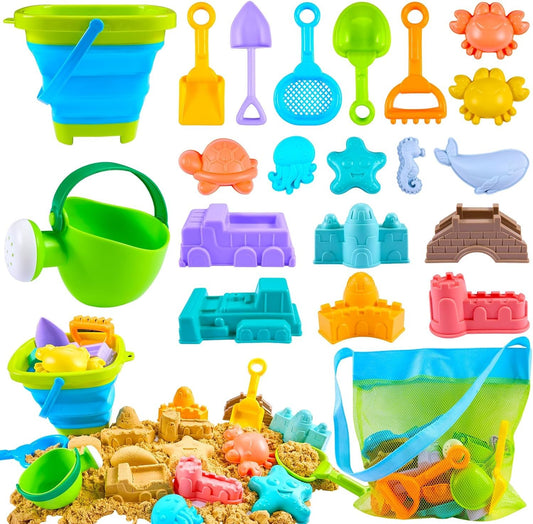 Aulauf Beach Sand Toys Set, 21PCS Sandbox Toys, Included 1 Collapsible Buckets, Mesh Bag, Watering Can, Beach Molds Summer Water Pool Sea Outdoor Play Travel Toys for Kids Toddlers Boys Girls