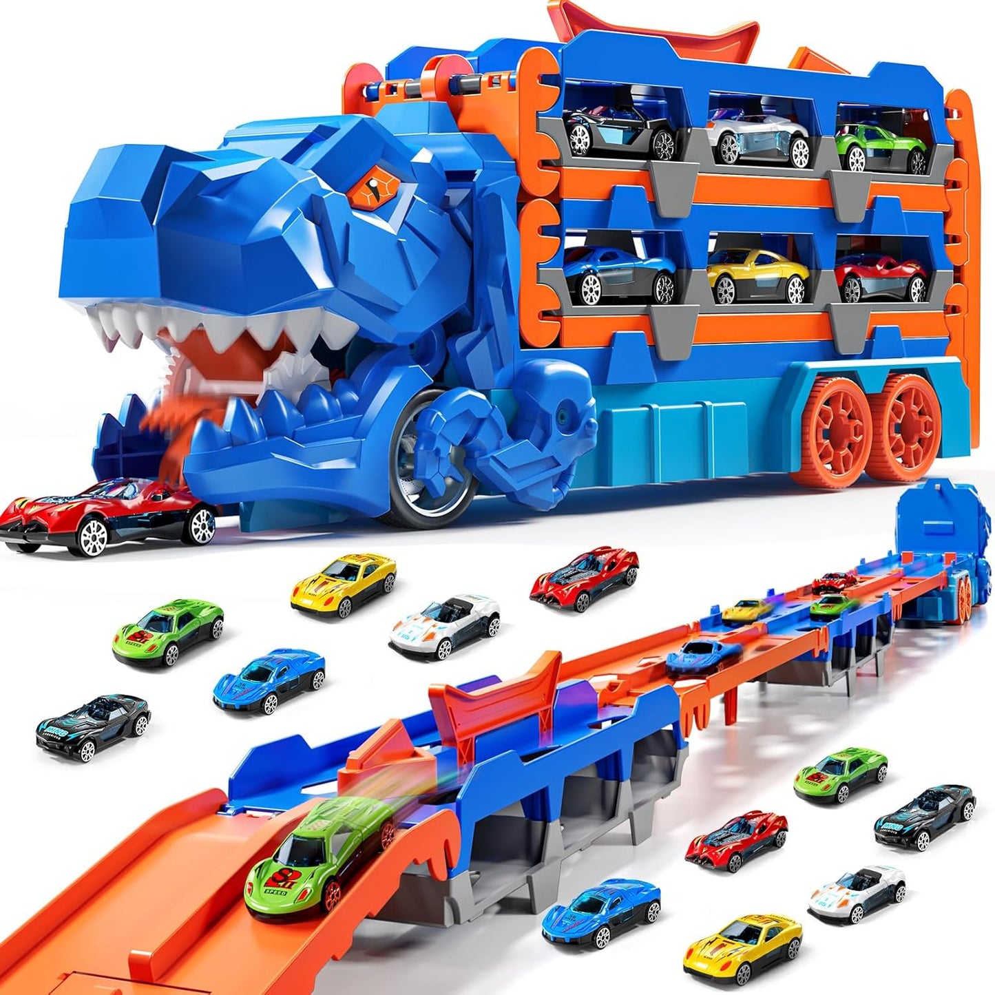 MSKOLER Dinosuar Truck Toy for Kids 3 4 5 6 Years Old - Dinosaur Cars Set, Toy Vehicle, Carrier Truck for Toddlers 3-4 Years, Race Track Set, Birthday Gifts Toys for Boys 3 4 5 6 7 8 Years Old