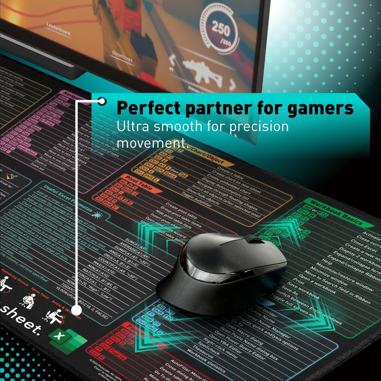 Excel Shortcut Keys Mouse Pad - Extended Large XXL Cheat Sheet Gaming Mousepad | PC Office Spreadsheet Keyboard Mat | Non-Slip Stitched Edge