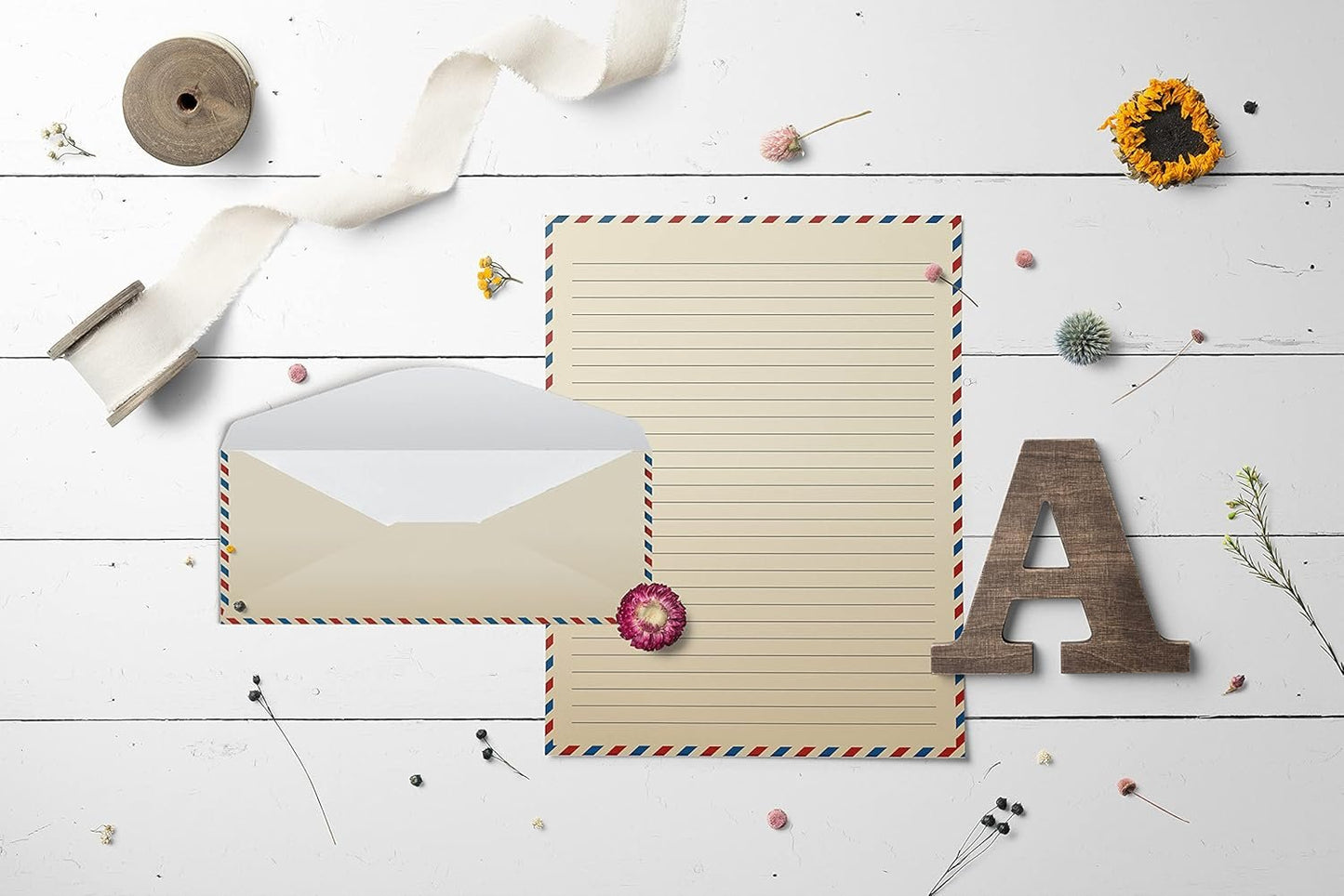 Better Office Products Vintage Airmail Stationery Paper Set, 100-Piece Set (50 Lined Sheets + 50 Matching Envelopes), Letter Size 8.5 x 11 inch, Double Sided & Lined Paper, by