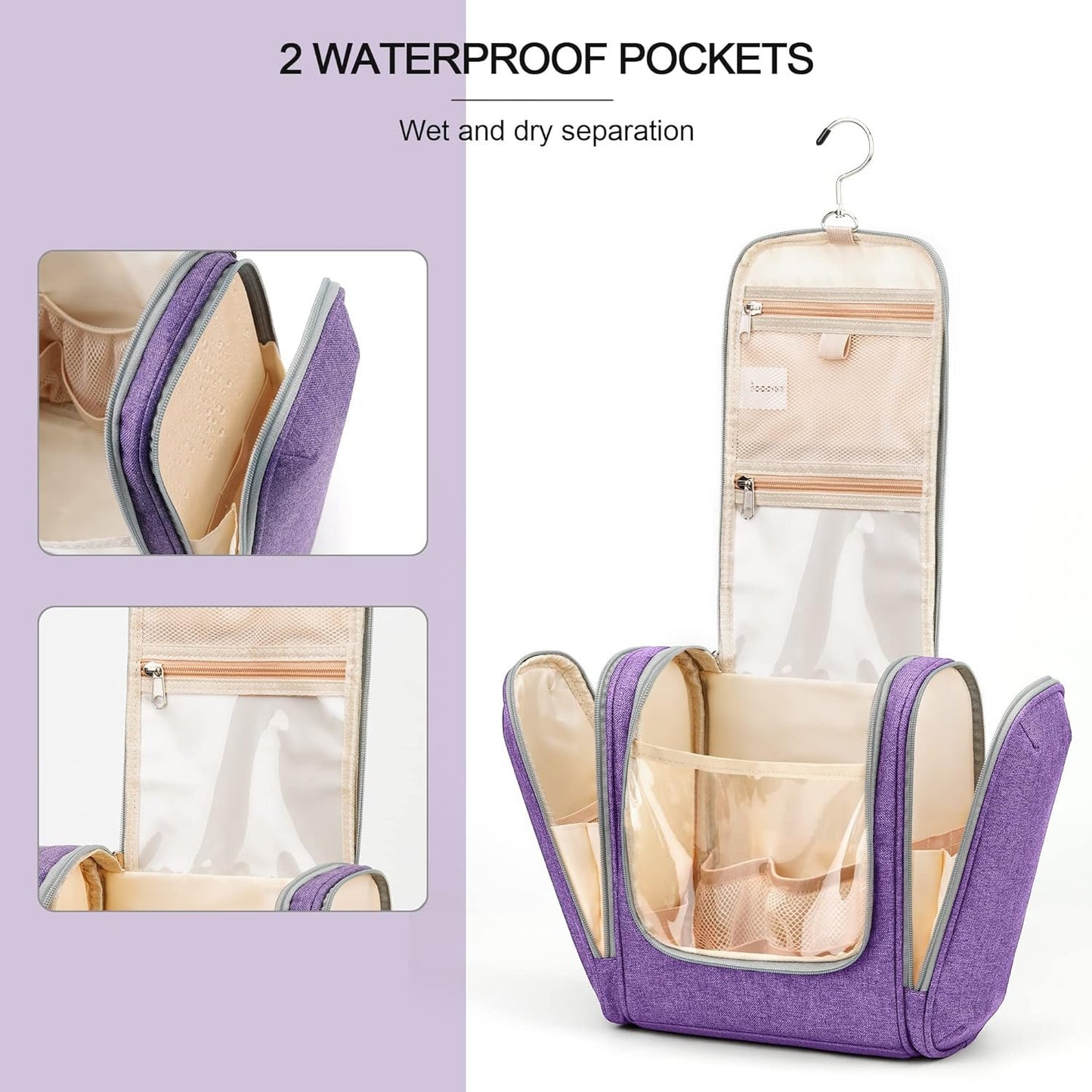 COOSKY Extra Large Hanging Travel Toiletry Bag for Women and Men, Hygiene Bag, Bathroom and Shower Organizer Kit with Elastic Band Holders for Toiletries, Cosmetics, Makeup, Brushes, Purple, Extra Large