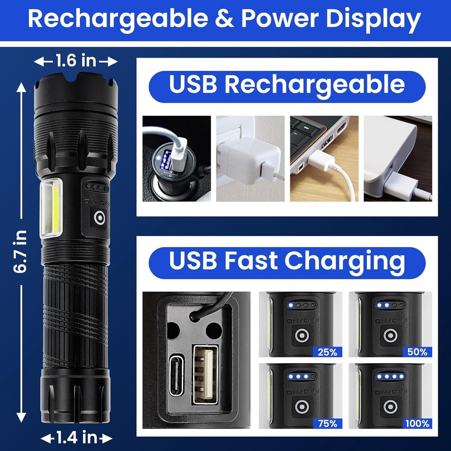 Rechargeable Flashlight Led,600000 High Lumens Super Brightest Flashlight,Tactical Flashlight with zoomable, 7 Modes & COB Light, IPX7 Waterproof, for Emergencies, Outdoor Hiking
