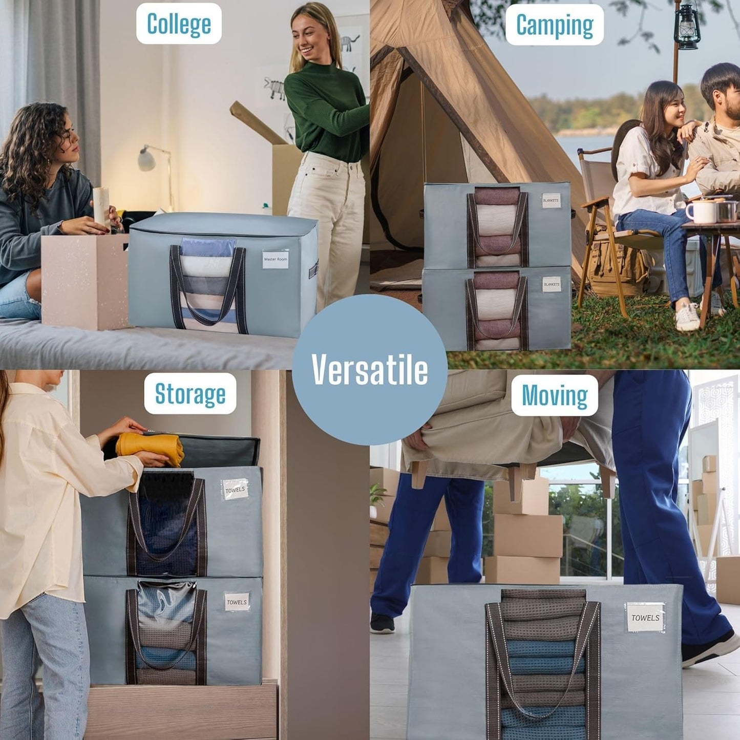 VENO Moving Bags Extra Large Heavy Duty Ornament Organizer Storage Bags with Zippers & Carrying Handles, College Dorm Packing Supplies Storage Box Tote Bags with Window (Light Blue 8 Pack)