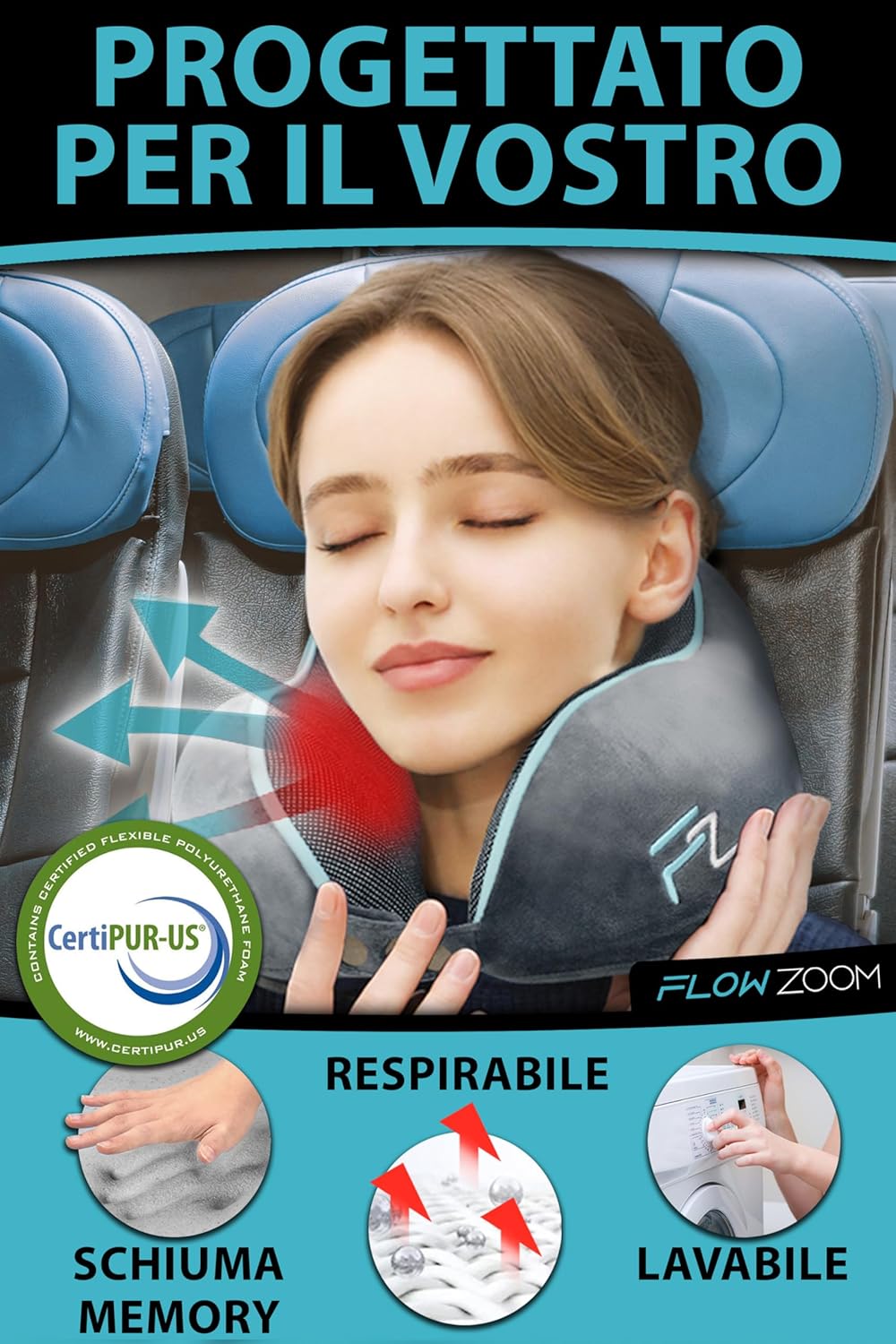 FLOWZOOM Comfy Airplane Car Memory Foam Travel Pillow - Adjustable Neck Pillow with 360° Support, Washable Velvety Cover and Mesh Carry Bag - Grey