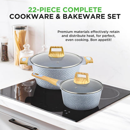 Nutrichef 22-Piece Induction Cookware and Bakeware Set Professional Home Kitchen Collection with Multi-Sized Pots, Pans, Non Stick and Heat-Resistant Tools (Moon Grey Marble)