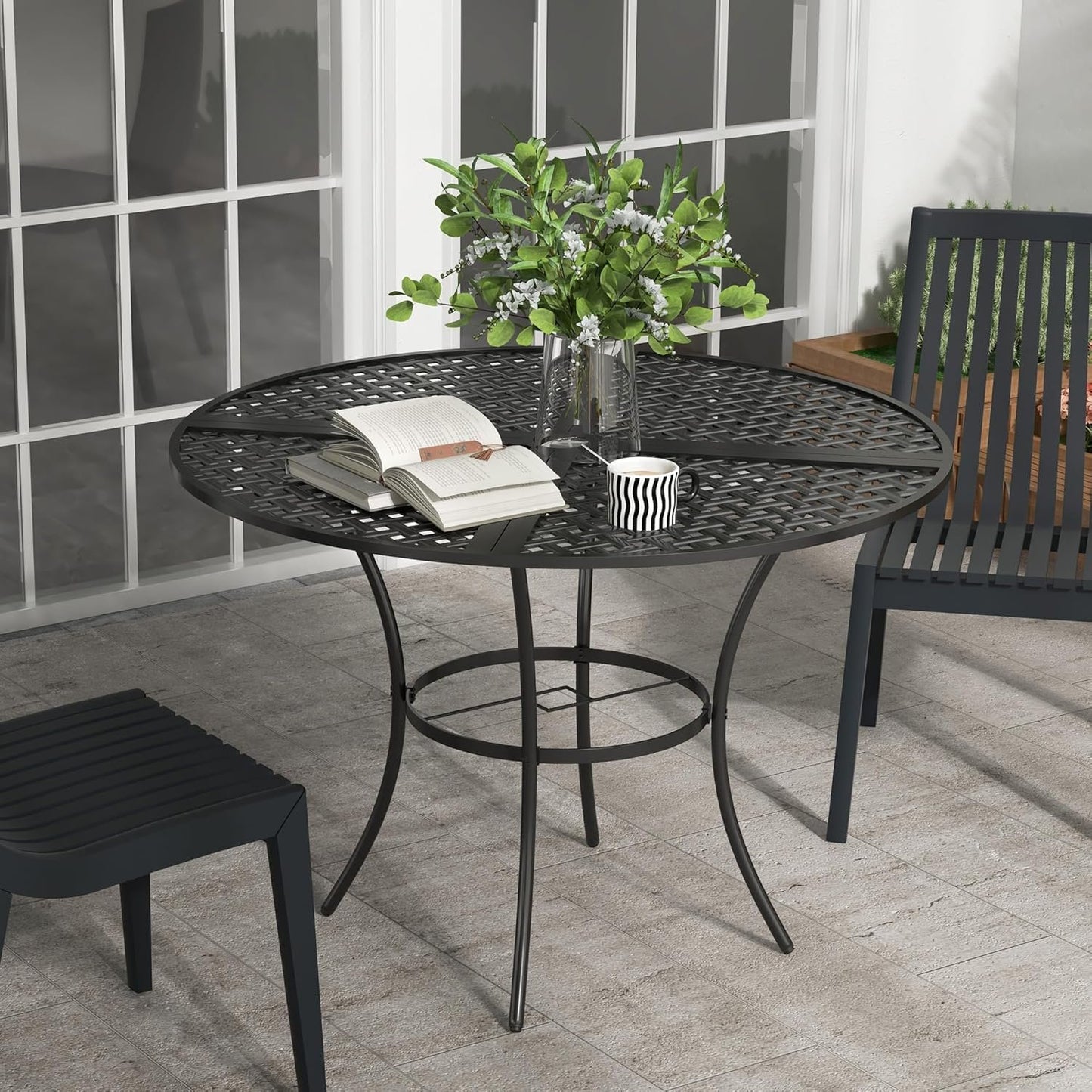 Outsunny 42" Round Outdoor Dining Table for 4 Persons, Metal Patio Dining Table with Umbrella Hole and Steel Frame for Backyard, Lawn, Balcony, Pool, Black