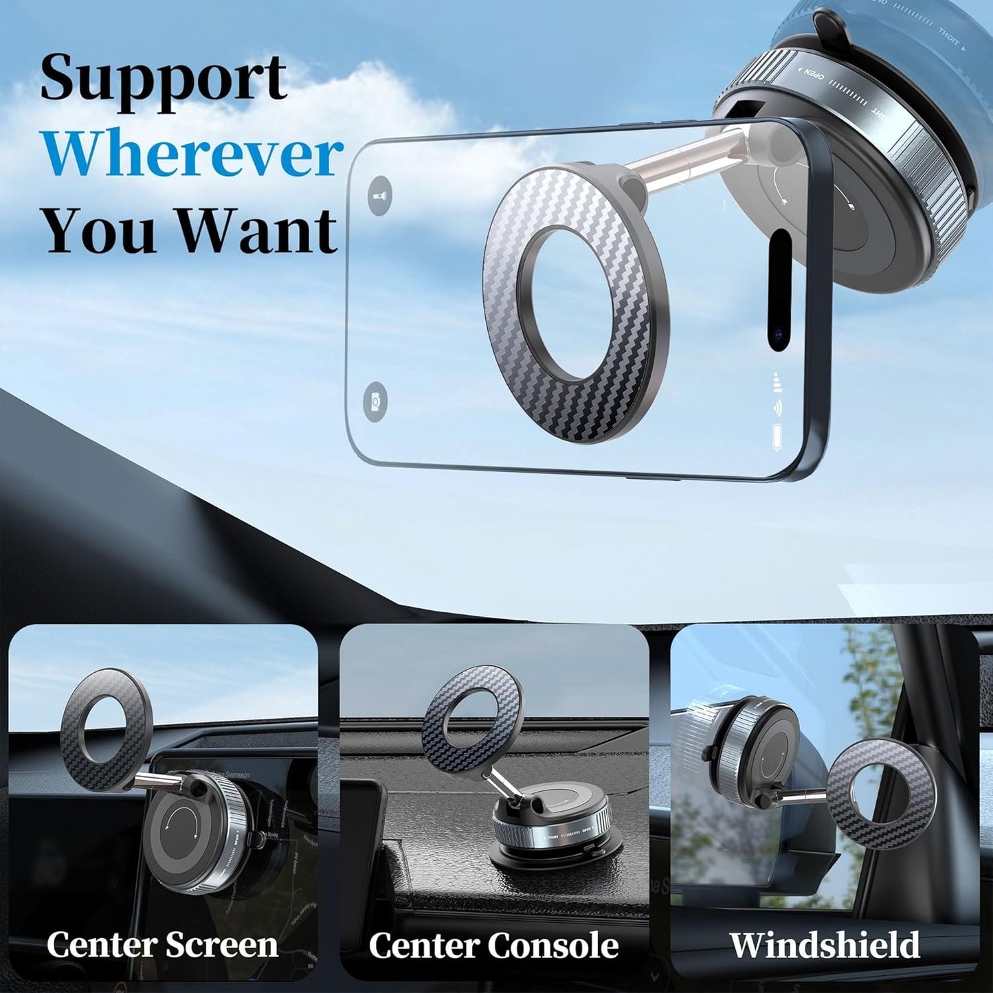 PlusAcc Vacuum Magnetic Car Phone Holder - Suction Cup Phone Mount 360° Rotatable Foldable Portable Strong Magnet Stand for iPhone 16/15/14/13 & Samsung in Gym, Mirror,Smooth Surface, All Vehicles