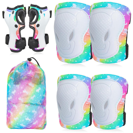 AuSletie 7 in 1 Kids Protective Gear Set for 3-8 Years, Kids Girls Knee Pads and Elbow Pads with Wrist Guards and Portable Mesh Bag for Skateboard, Roller Skating,Bicycle, Scooter, Cycling
