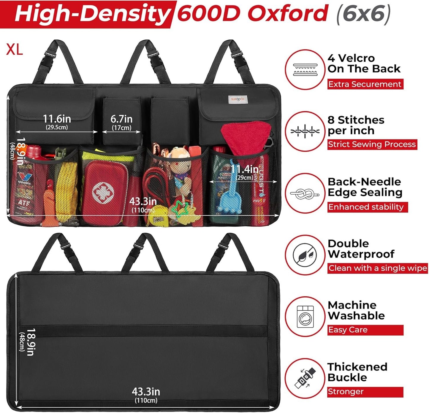 SURDOCA Car Trunk Organizer - 3rd Gen [7 Times Upgrade] Super Capacity Car Hanging Organizer, Car Trunk Tidy Storage Bag with Lids, Space Saving Expert