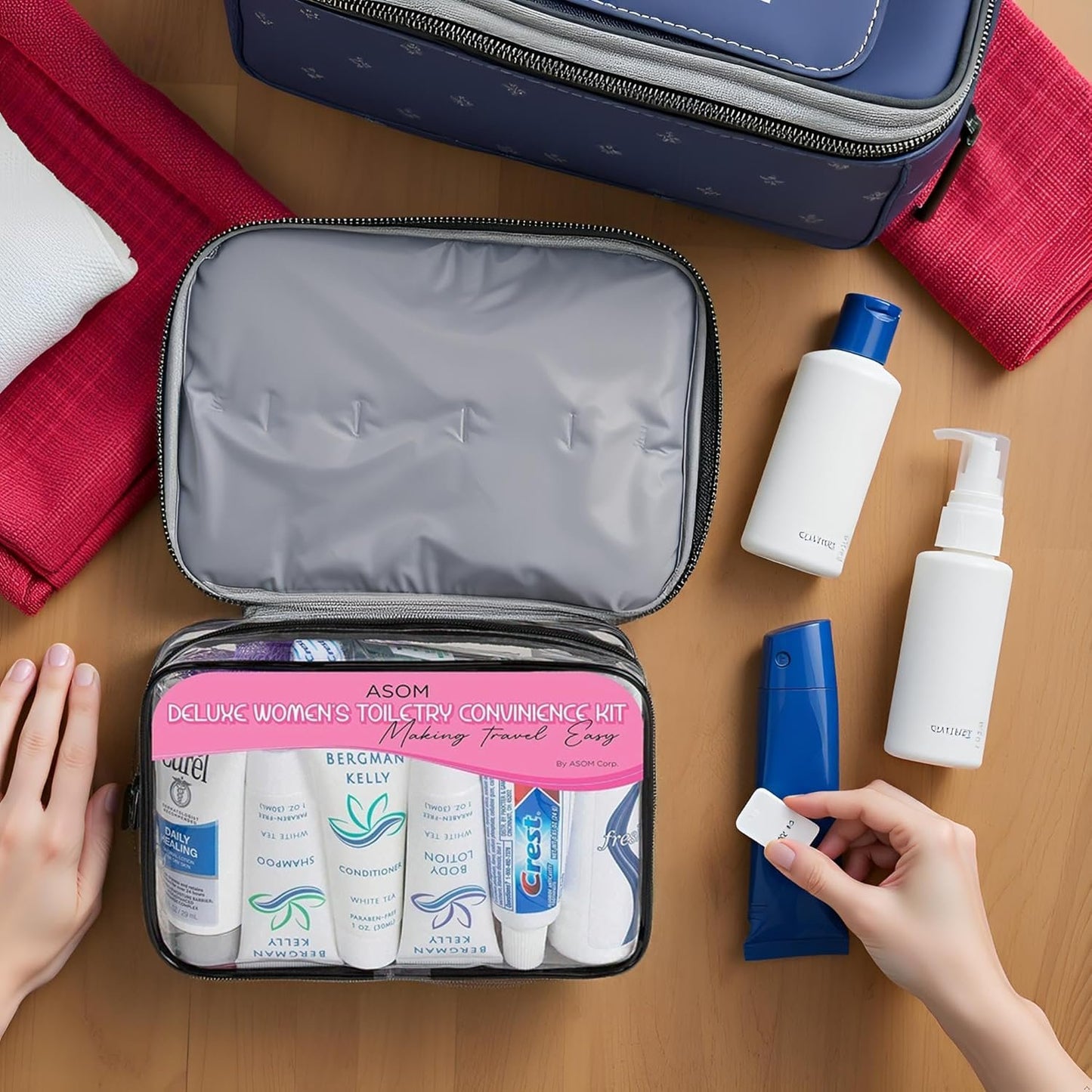 Asom Travel Toiletries Convenience Kit, Personal Care Toiletry Wellness Accessory Hygiene Essentials Set, Clear TSA Approved Traveling Unisex Toiletry Accessories Kits, 36 Pc., Clear, Handheld, Women Toiletries Convenience Kit