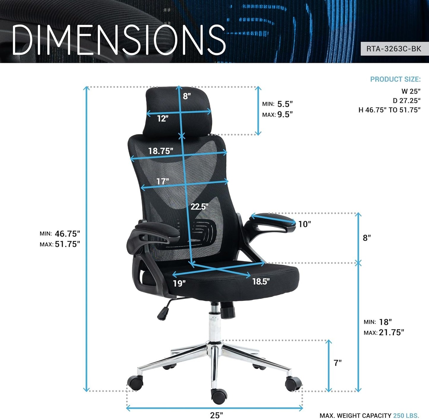 Techni Mobili Essential Ergonomic with Lumbar Support & Adjustable Headrest – Breathable Mesh Flip-Up Armrests, Durable Chrome Base Office Chair, Black
