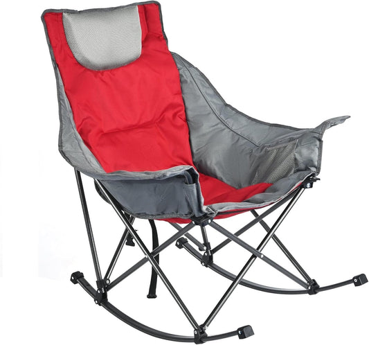 Sunnyfeel Camping Rocking Chair for Adults, Luxury Padded Recliner, Oversized Folding Rocker, Outdoor Lawn Chair (Red)