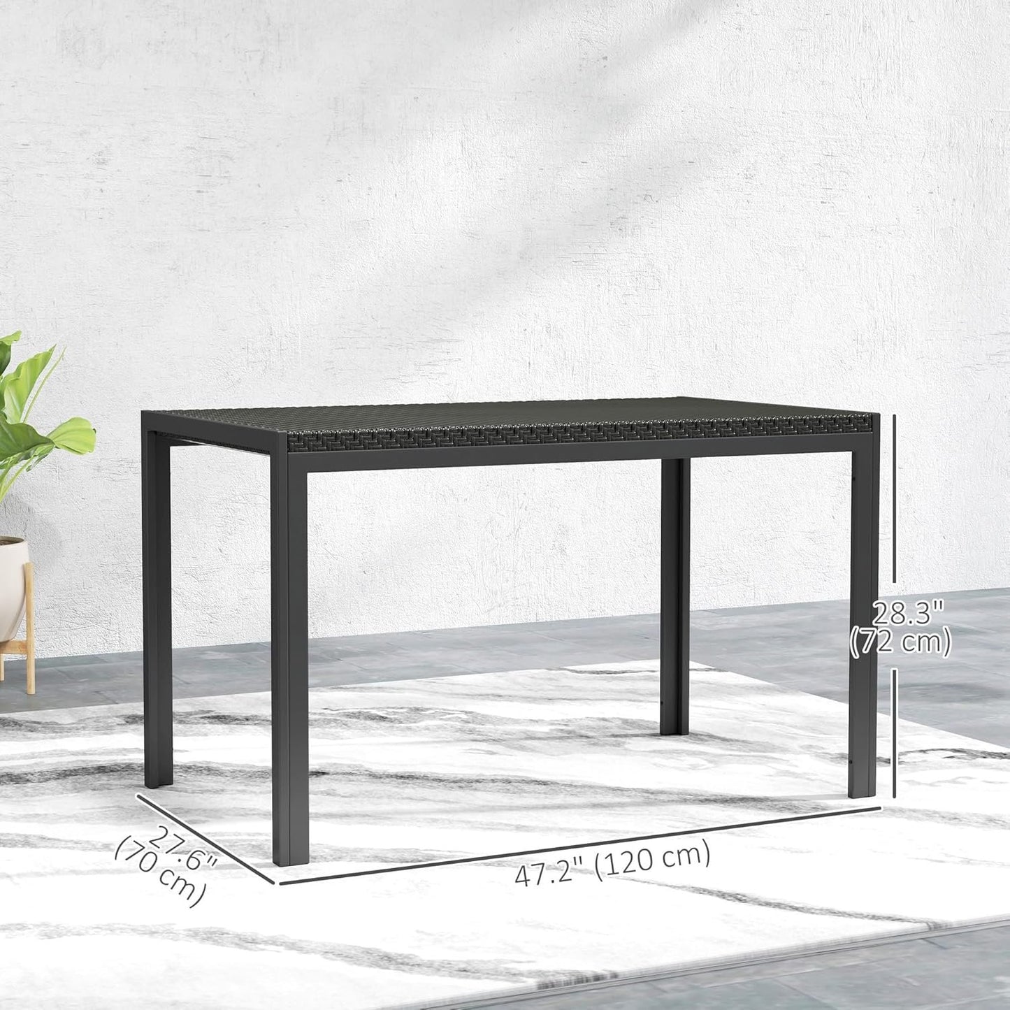 Outsunny 47" Patio Dining Table for 4 Persons, Rectangular Outdoor Table with PE Rattan Wicker Tabletop, Steel Frame for Backyard and Lawn, Black