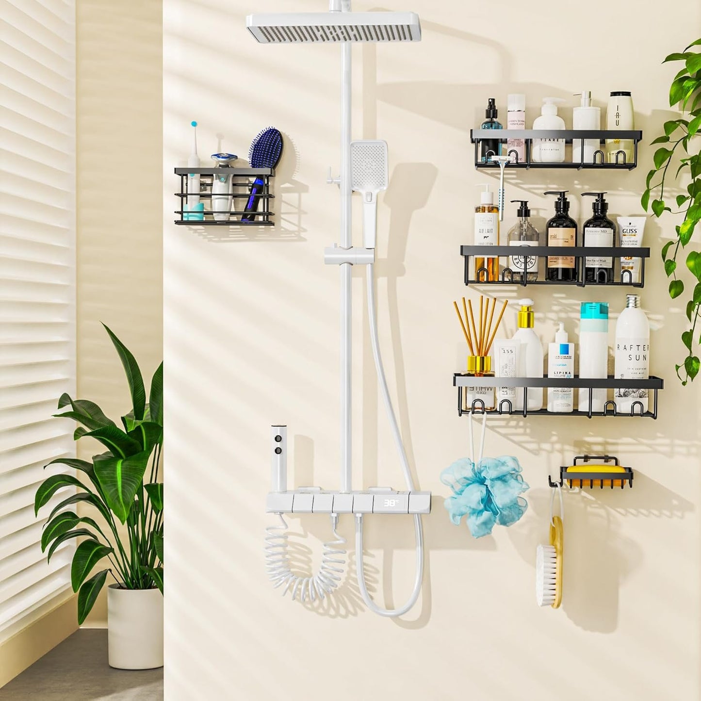 Moforoco Shower Caddy Shelf Organizer Rack, Self Adhesive Black Bathroom Shelves Basket, Home Farmhouse Wall Shower Inside Organization and Storage Decor Rv Accessories (Black, 5pack)