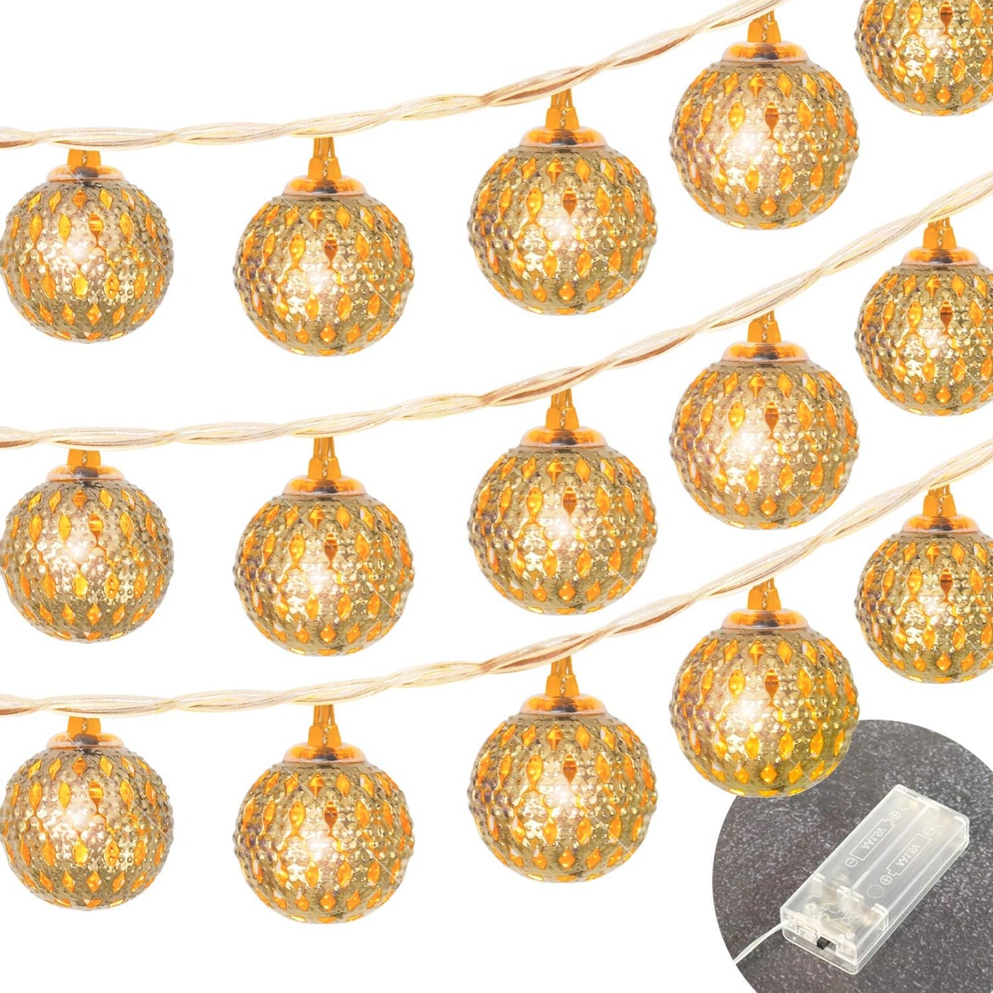 Betus 10Ft 20 LED Moroccan Globe LED Fairy String Lights - Battery Powered Party Hanging Waterproof Lights Decor for Christmas, Garden, Porch, Patio, Indoor & Wedding (Warm White)