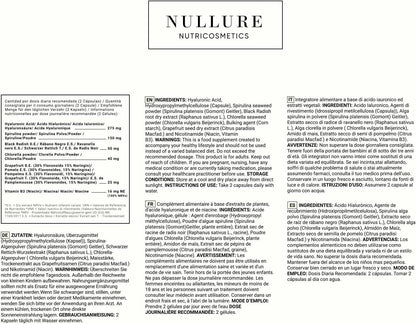 Pure Hyaluronic Acid | Natural Moisturising Supplement Nullure | Hyaluronic Acid + Spirulina + Chlorella + Vitamin B3 + Black Radish + Grapefruit | Anti-Wrinkle Prevention | 120 Capsules (2 Months)