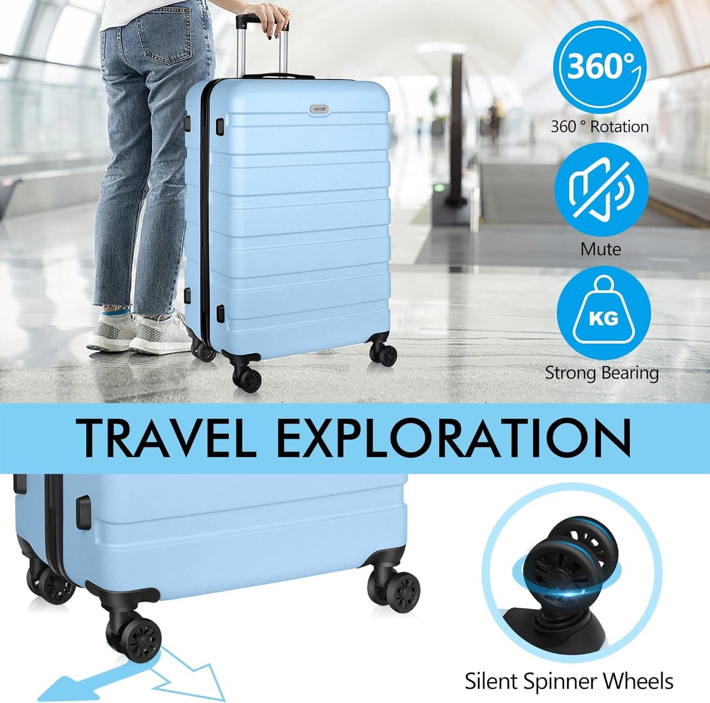Luggage Sets 3 Piece AnyZip PC ABS Hardside Suitcase with 4 Universal Wheels TSA Lock Carry On 20 24 28 Inch (Light Blue)