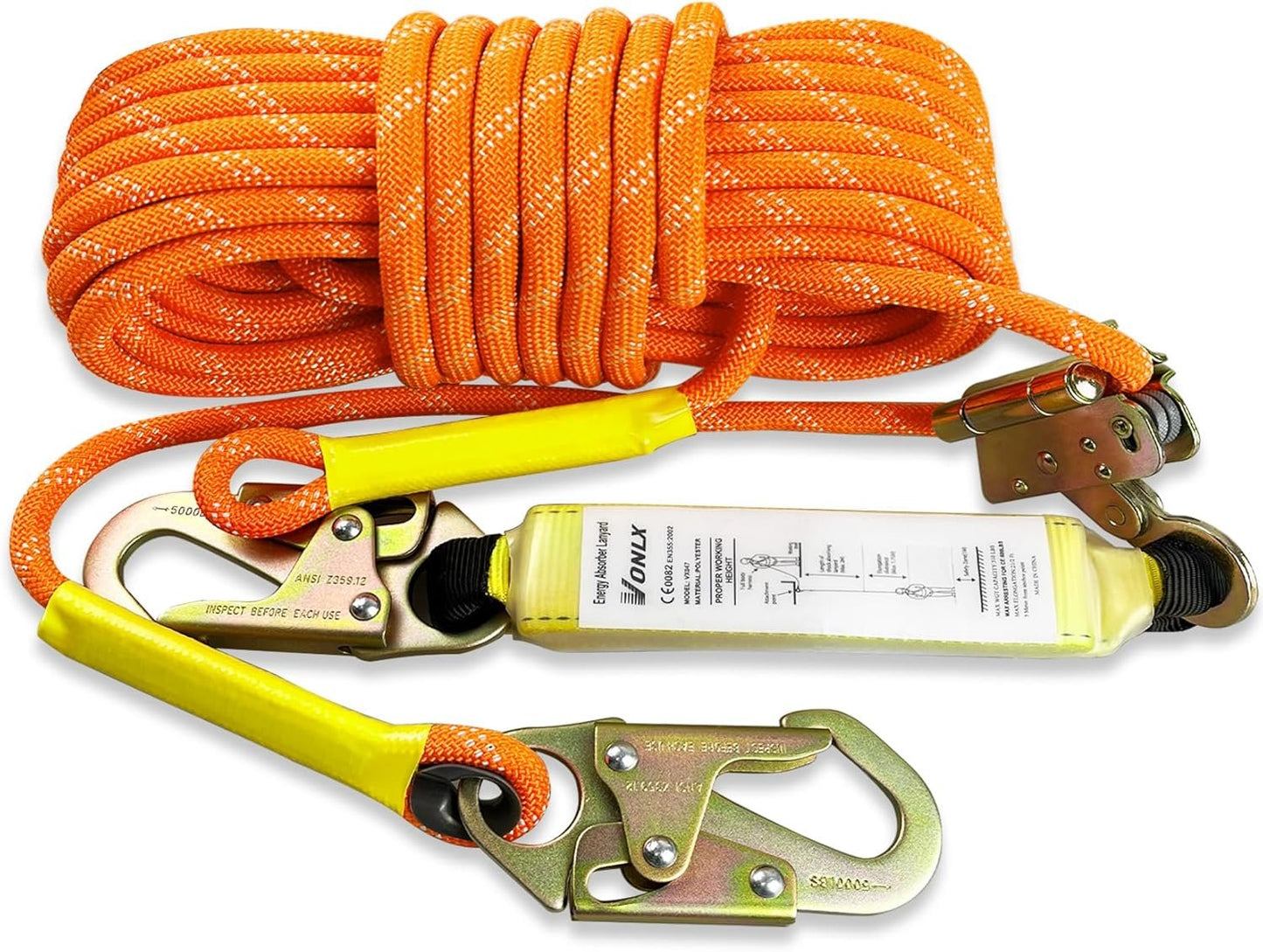 VONLX Fall Protection Safety Rope 50FT Heavy Duty Vertical Roofing Rope with Alloy Steel Grab Snap Hooks Shock Absorber Fall Protection Tree Climbing Line Kit Tree Stand Safety Rope Line Kit