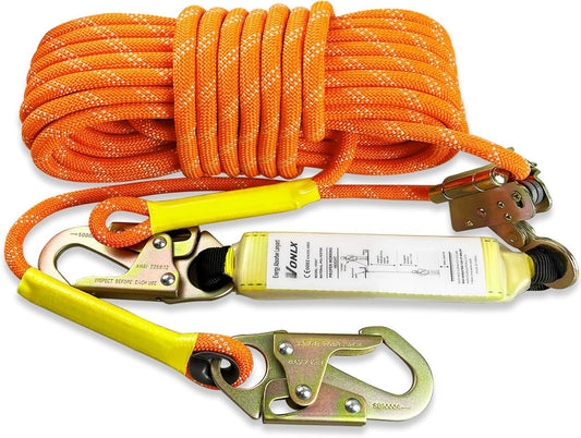 VONLX Fall Protection Safety Rope 50FT Heavy Duty Vertical Roofing Rope with Alloy Steel Grab Snap Hooks Shock Absorber Fall Protection Tree Climbing Line Kit Tree Stand Safety Rope Line Kit