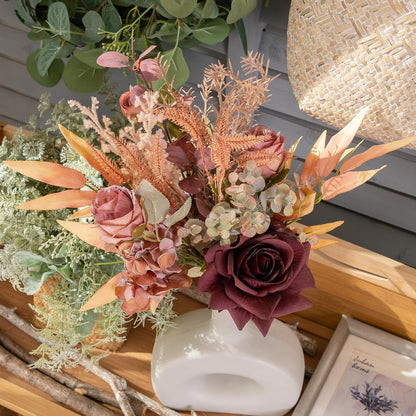 Alynsehom Artificial Fake Flowers Plants Silk Flower Arrangements Wedding Bouquets Decorations Plastic Floral Table Centerpieces for Home Kitchen Garden Party Decor (Pink Burgundy)