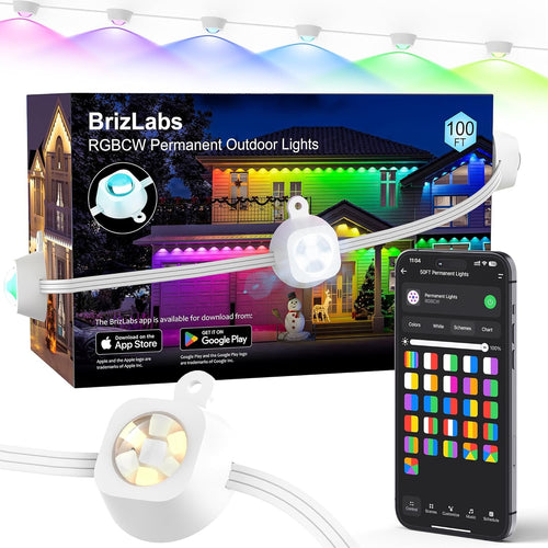 BrizLabs Permanent Outdoor Lights, 100ft 60 LED RGBCW Smart Eave Lights Work with Alexa & Google Assistant, APP Control Smart Lights IP65 Waterproof Under Eave Lighting for Christmas Halloween Easter