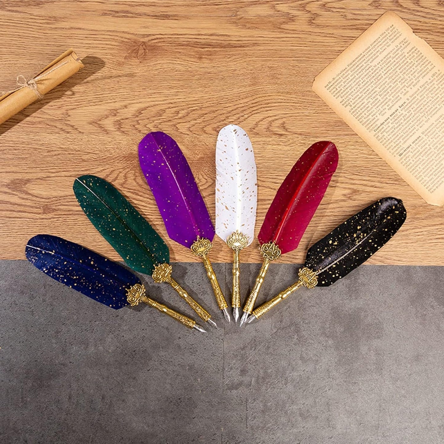Joyeee Feather Calligraphy Dip Pens and Nibs, Stationery Paper, Pen Base, Spoon, Black Ink Bottle, Dip Pen Wooden for Writing Letters, Greeting Cards, Valentine’s Day Writing Drawing Lover