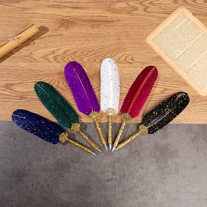 Joyeee Feather Calligraphy Dip Pens and Nibs, Stationery Paper, Pen Base, Spoon, Black Ink Bottle, Dip Pen Wooden for Writing Letters, Greeting Cards, Valentine’s Day Writing Drawing Lover