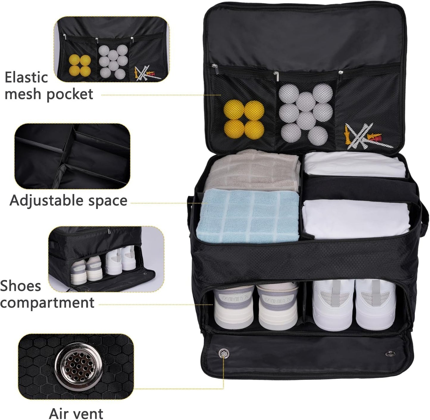 2 Layer Trunk Organizer, Waterproof Golf Locker With Separate Ventilated Compartment for 2 Pair Shoes, Durable Storage for Balls, Tees, Clothes, Gloves, Accessories, Golf Gifts