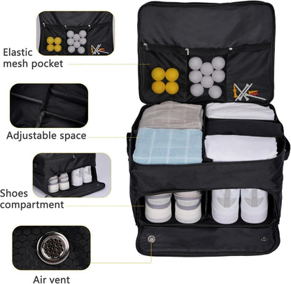 2 Layer Trunk Organizer, Waterproof Golf Locker With Separate Ventilated Compartment for 2 Pair Shoes, Durable Storage for Balls, Tees, Clothes, Gloves, Accessories, Golf Gifts