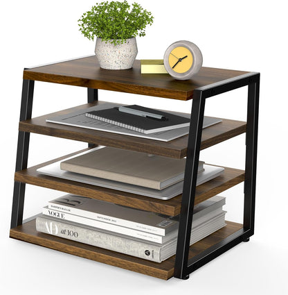 Fenge Desk Organizer, 4 Tier File Organizer for Desk, Wood and Metal Paper Letter Literature Mail Sorter, for Office Supplies and Accessories,Brown