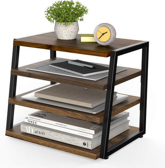 Fenge Desk Organizer, 4 Tier File Organizer for Desk, Wood and Metal Paper Letter Literature Mail Sorter, for Office Supplies and Accessories,Brown
