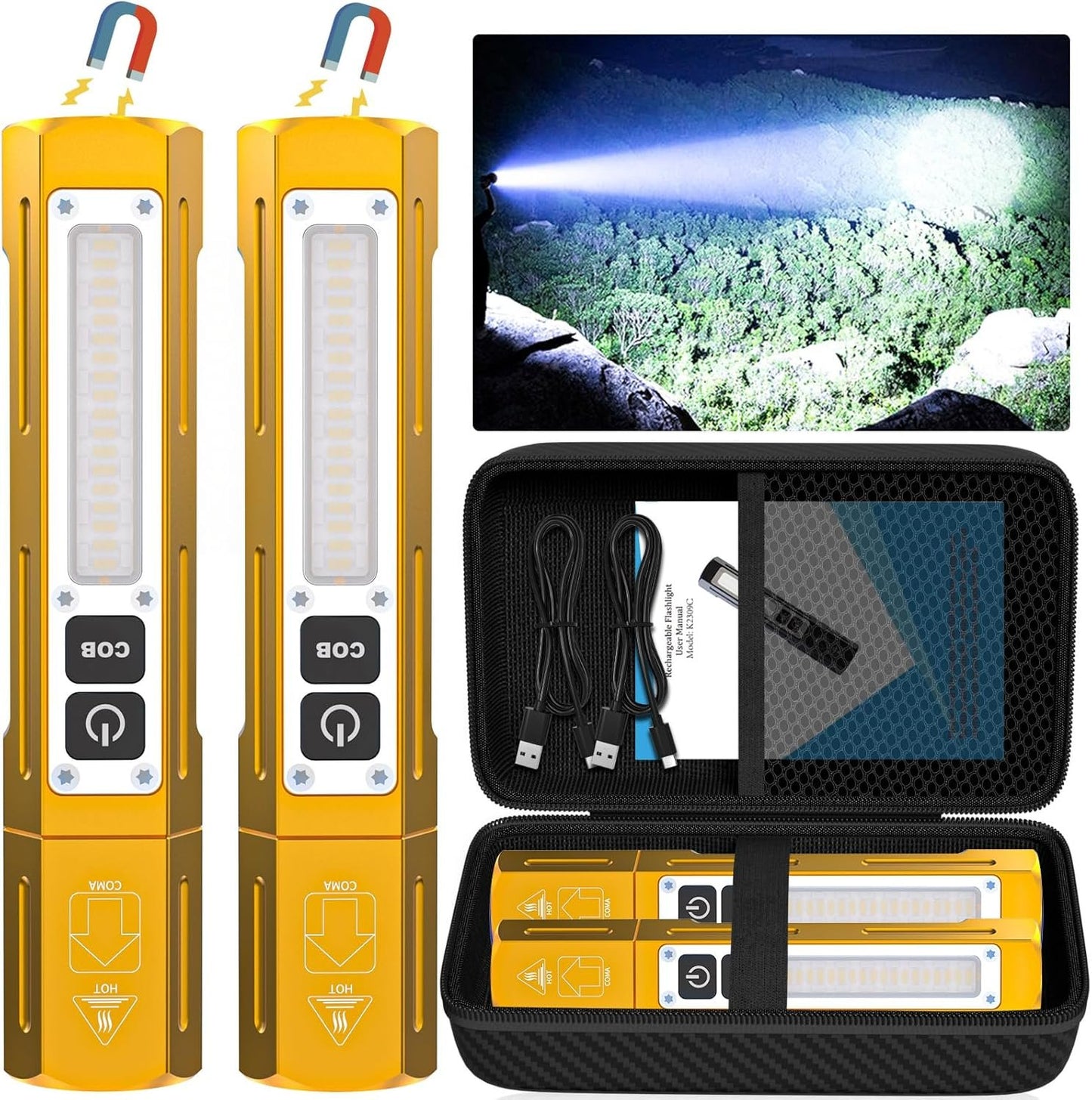 Rechargeable Flashlights High Lumens - Super Bright Small Pocket Magnetic Flashlight, 8 Modes LED Tactical Flash Light, Dual Button Powerful Flashlight for Camping (2, Yellow Gold)