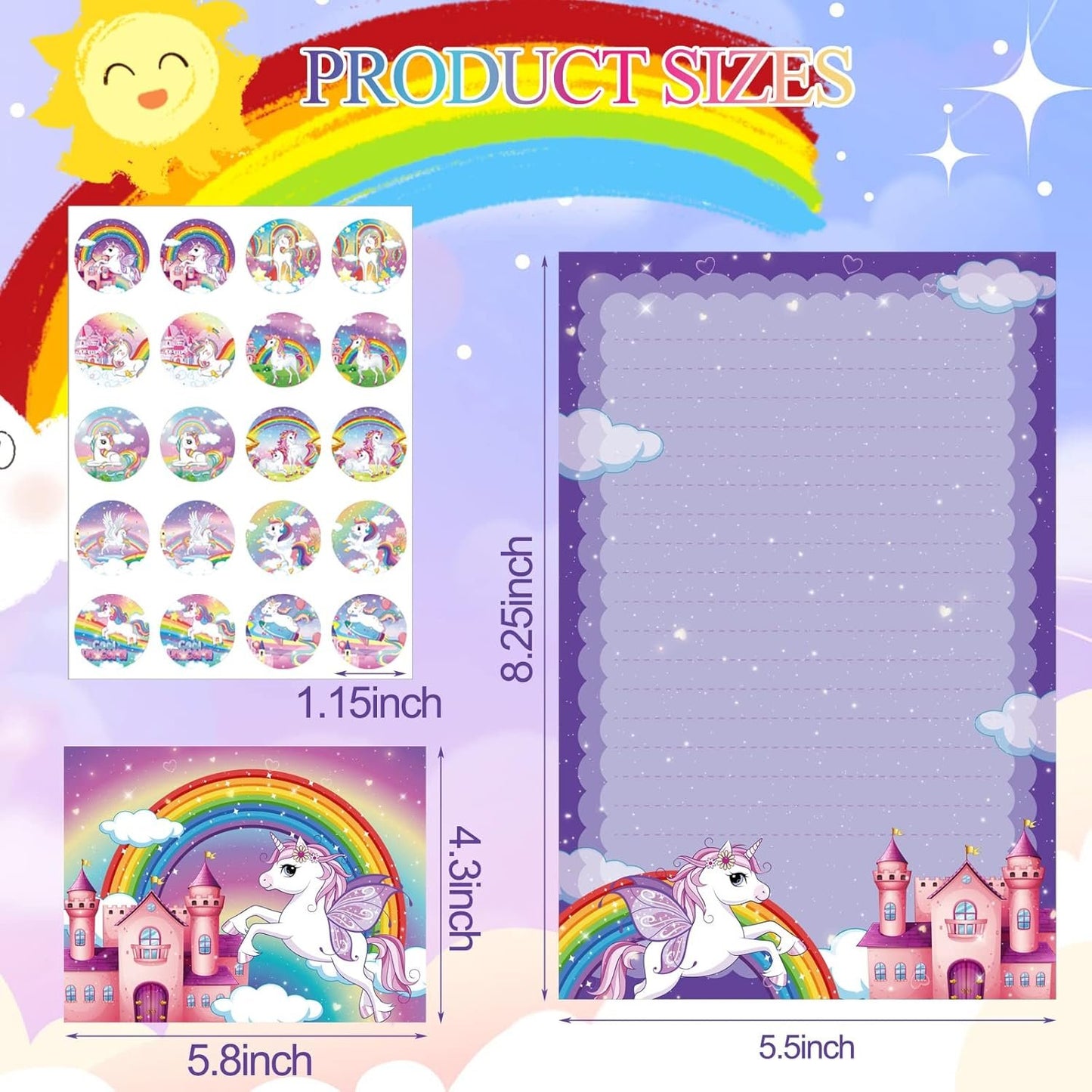 TaoBary 160 Packs Mini Rainbow Unicorn Stationery Paper Set 50 Double Sided Stationery Writing Papers Matching Envelopes and 60 Unicorn Round Dot Stickers, 5.5 x 8.25 Inch, 10 Designs