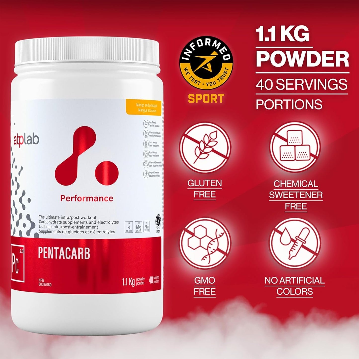 ATP LAB Pentacarb Electrolyte Powder 1.1kg 40 Servings - Mango Pineapple Flavor, Carbohydrate & Electrolyte Supplement for Energy & Endurance, Easy to Mix, Versatile Use for Athletes & Calorie Support