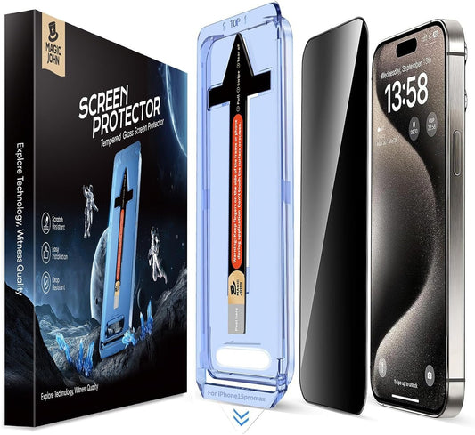 MAGIC JOHN 2 Pack for iPhone 15 Pro Max 6.7 inch Privacy Glass Screen Protector, Auto Dust-Elimination Installation, Bubble Free, HD Clear, Easy Installation