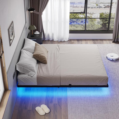 SANGMUCEN Floating Full Bed Frame with LED Lights & USB Charging Station, Metal Platform Bed Frame Full Size, No Box Spring Needed, Steel Slat Support, Anti-Noise Foam Stickers, Easy to Assemble