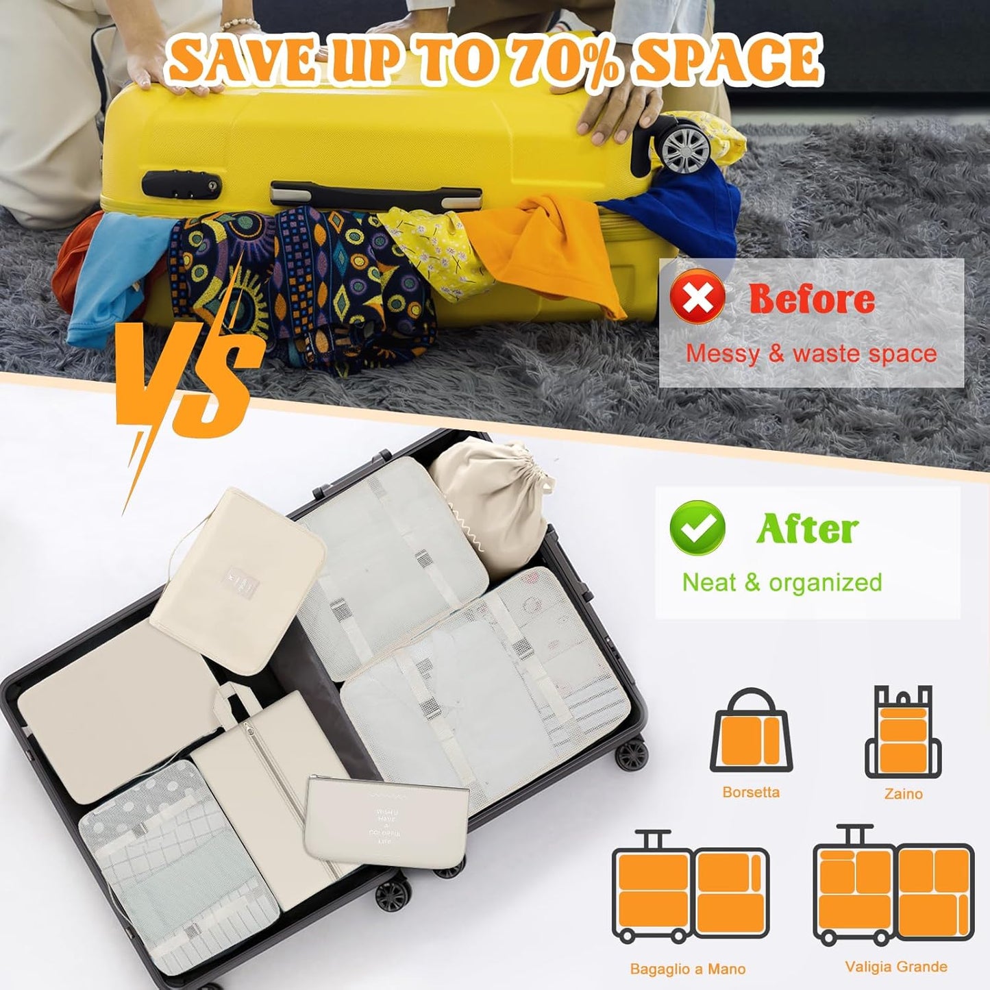 Suitcase Organizer 8 Piece (Beige) Space Saving Suitcase Organizer Set Suitcase Packing Cubes Suitcase Organizer Suitcase Compression